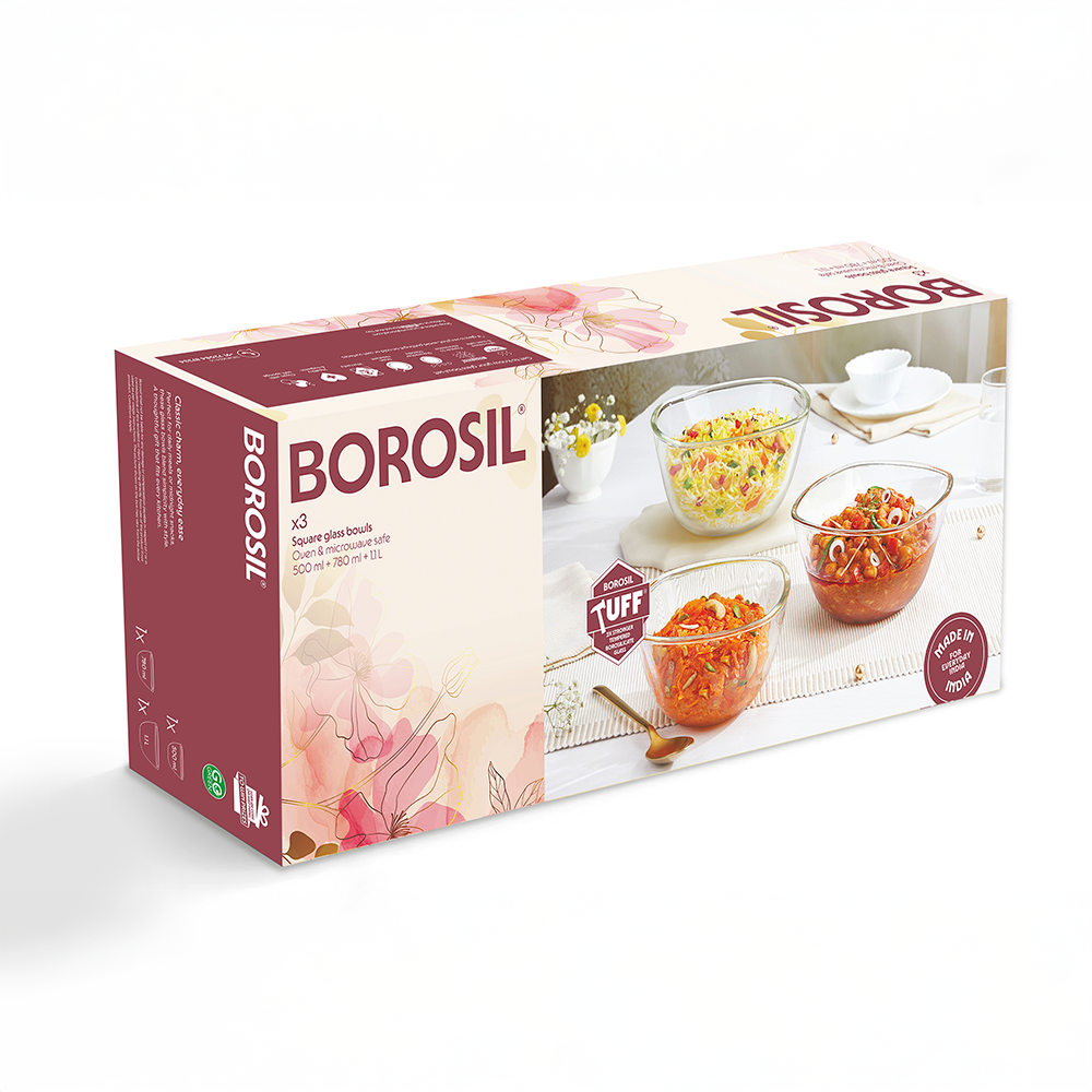 Borosil Tuff-Glass Square Mixing & Serving Bowl Set