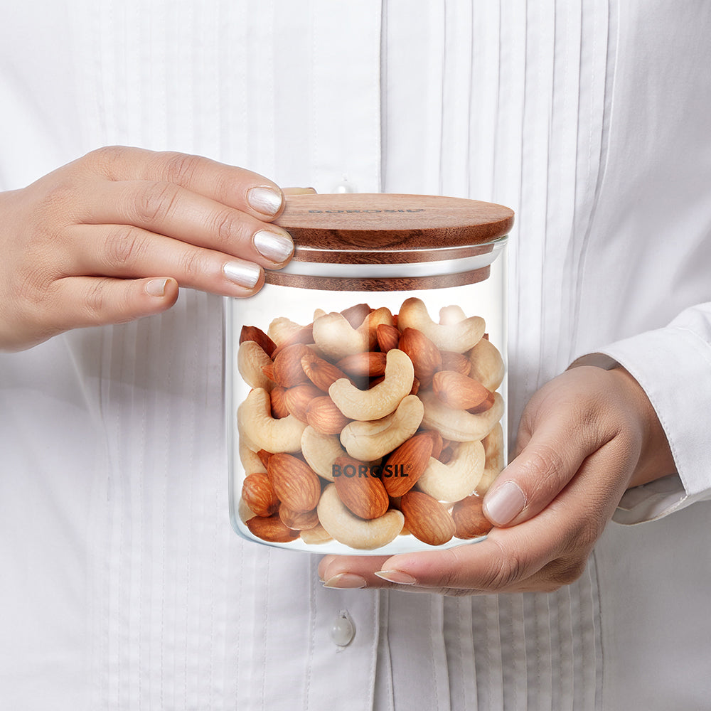 Borosil Classic Jar with Wooden Lid, Set of 2, 600ml