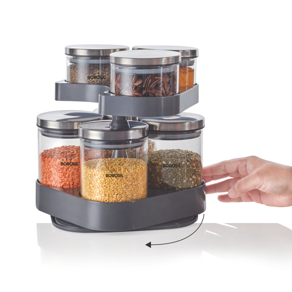 Borosil Spin n Store Tray w 7 Classic Jars