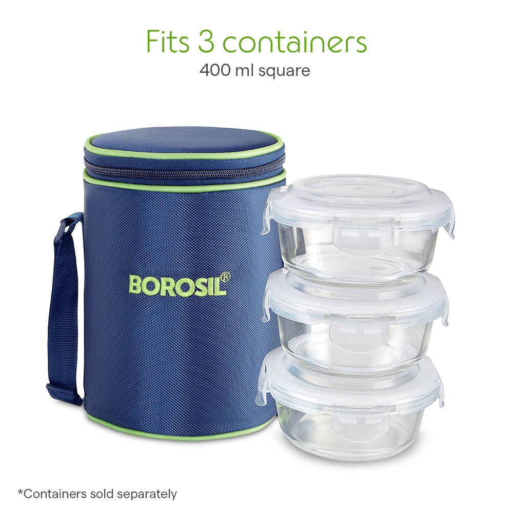 Borosil Blue Lunch Bag, Round For Set of 3 - (400 ml)