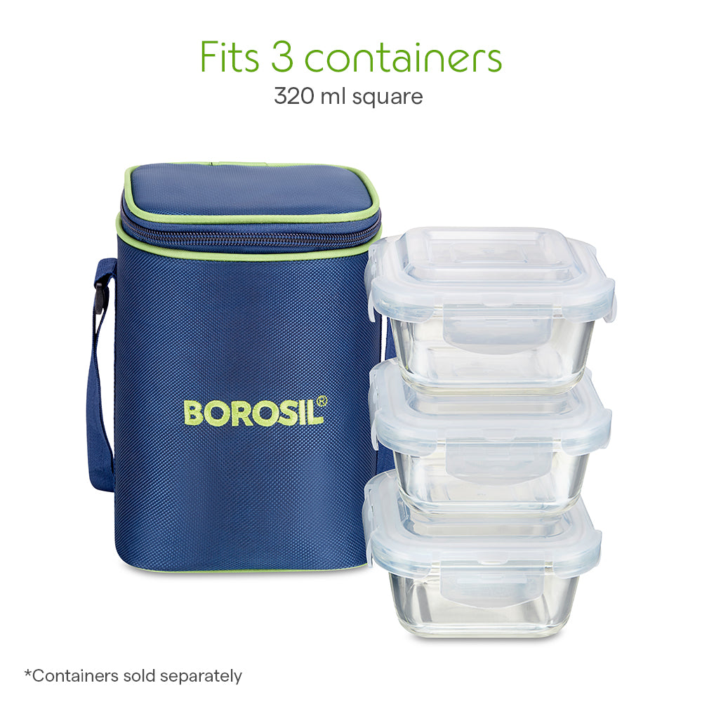 Borosil Blue Lunch Bag, Square For Set of 3 - (320 ml)