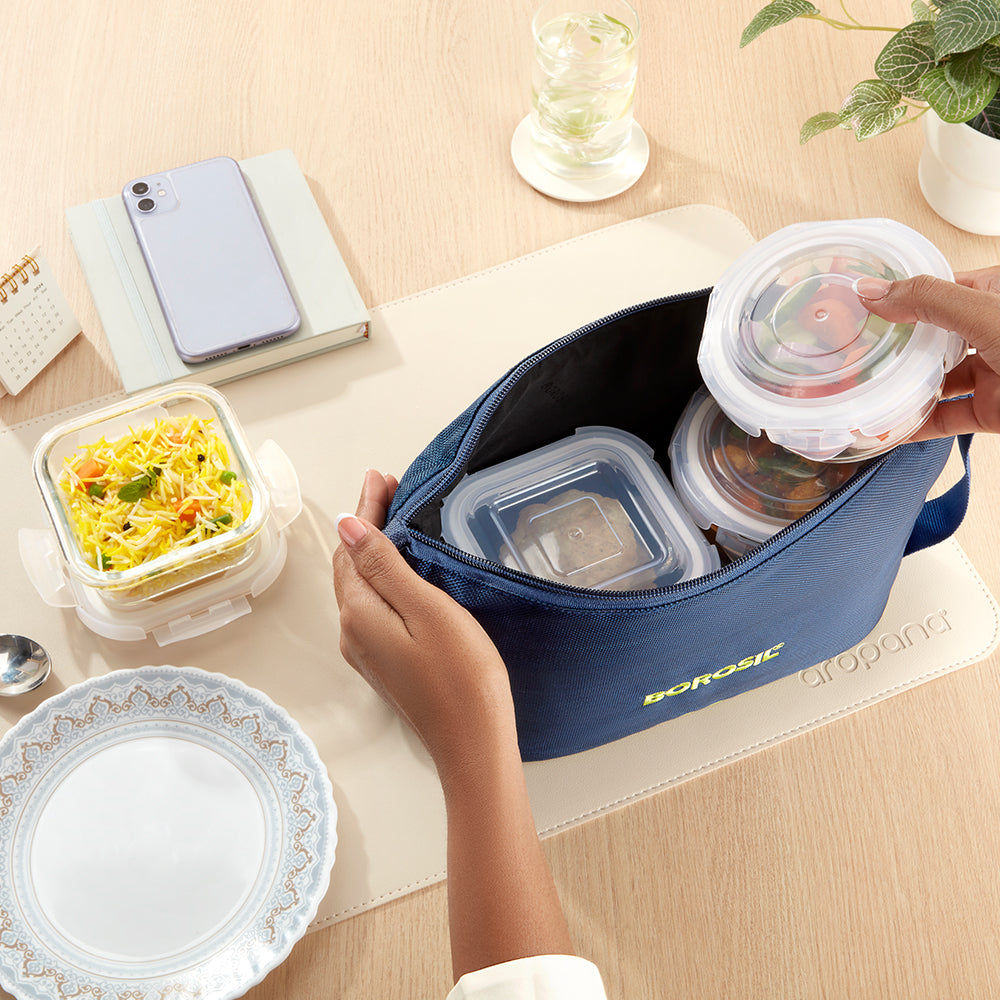 Borosil Blue Lunch Bag, Daisy For Set of 4 - (320 ml & 240 ml)