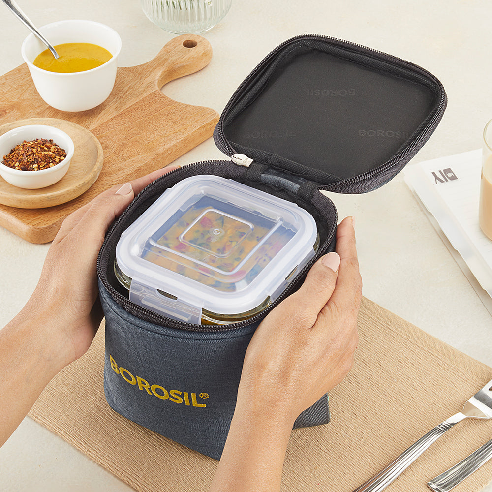 Borosil Foodluck Olive Tall Lunch Bag, Square For Set of 2 - (320 ml)