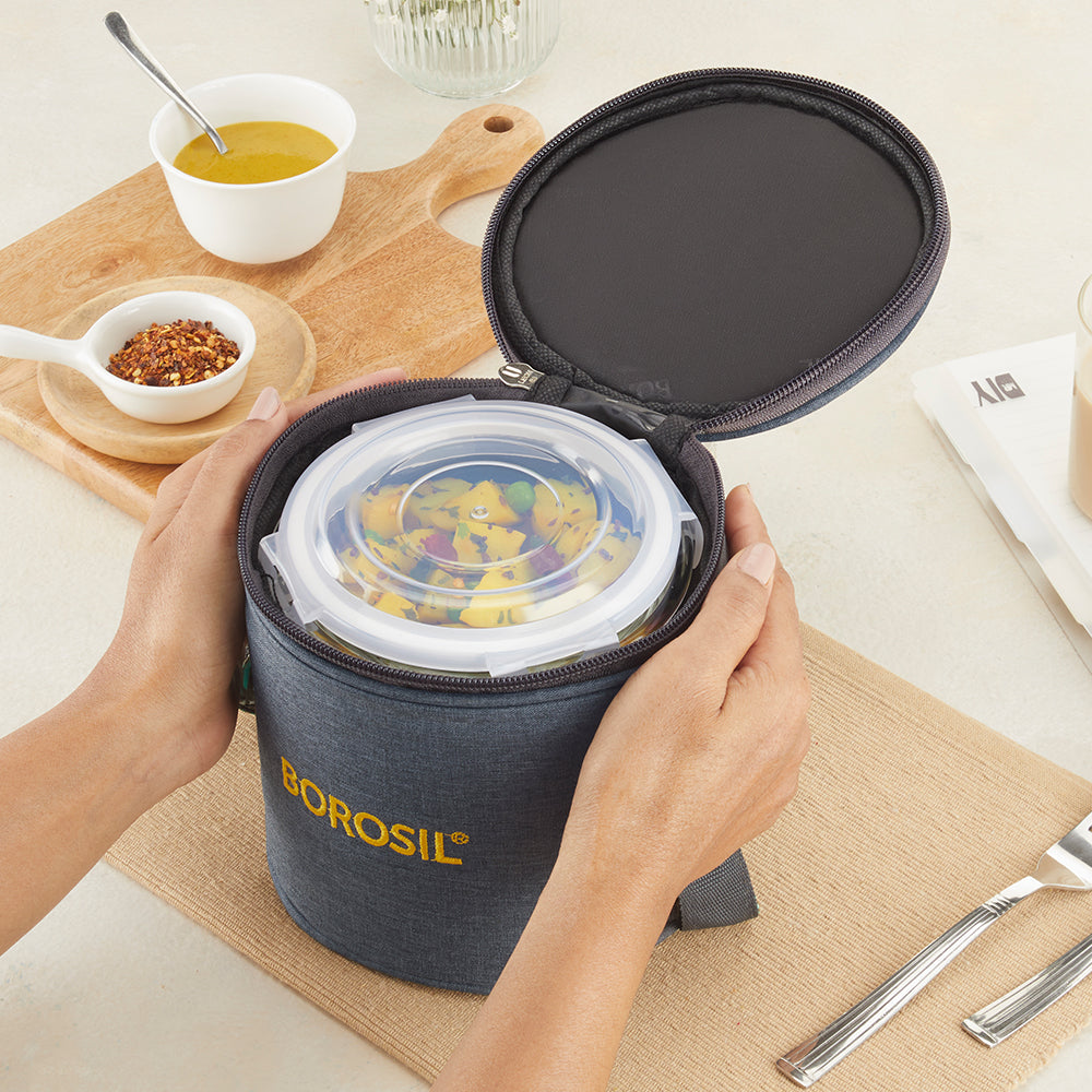 Borosil Foodluck Olive Tall Lunch Bag, Round For Set of 2 - (400 ml)