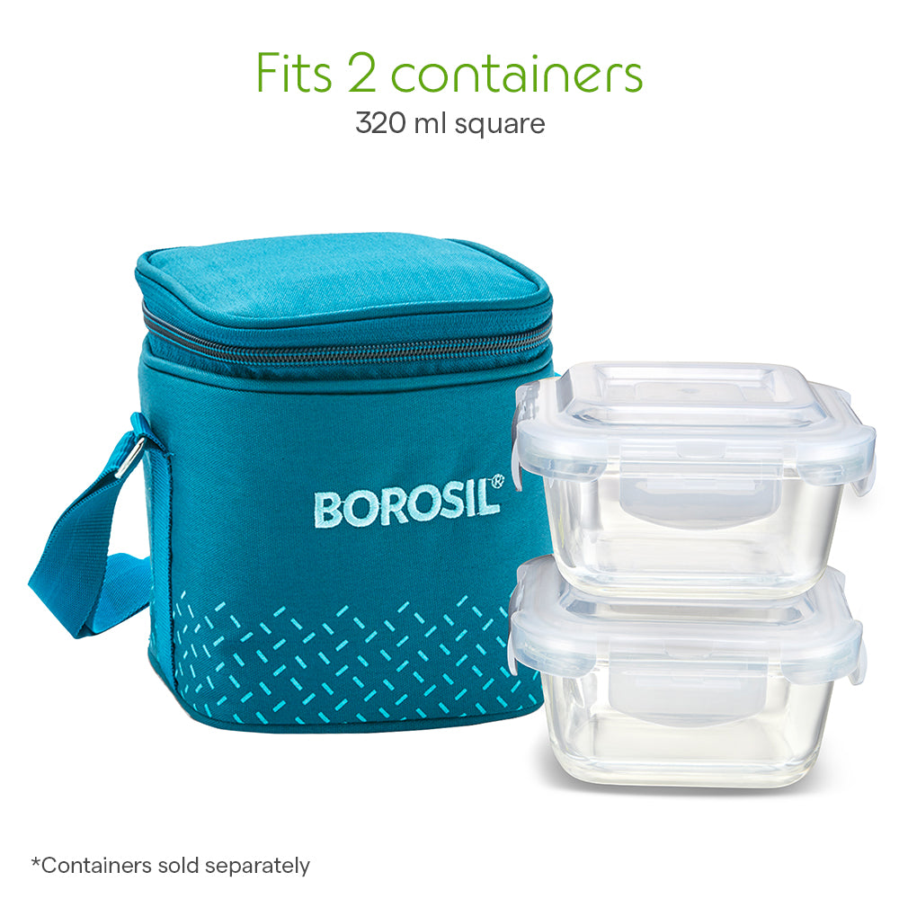 Borosil Teal Tall Lunch Bag, Square For Set of 2 - (320 ml)