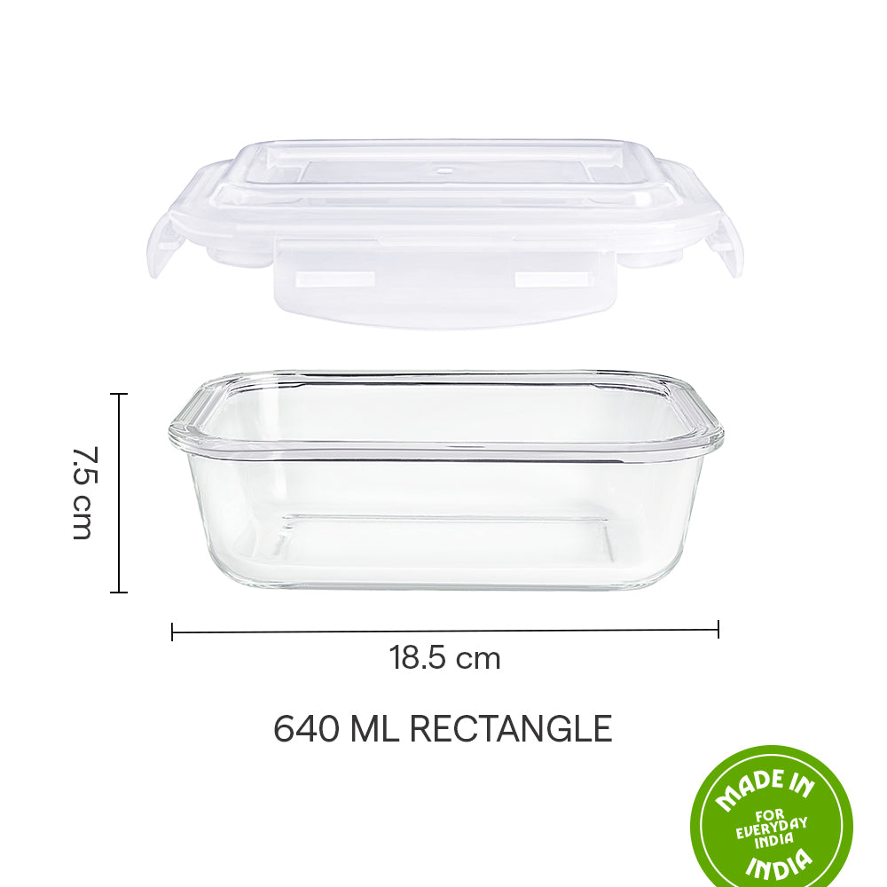 Borosil Klip n Store Rectangular Glass Container, 640 ml