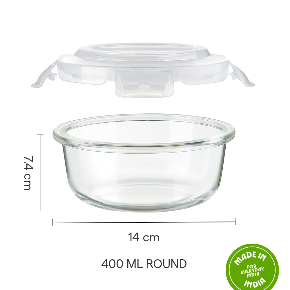 Borosil Klip n Store Round Glass Container, 400 ml