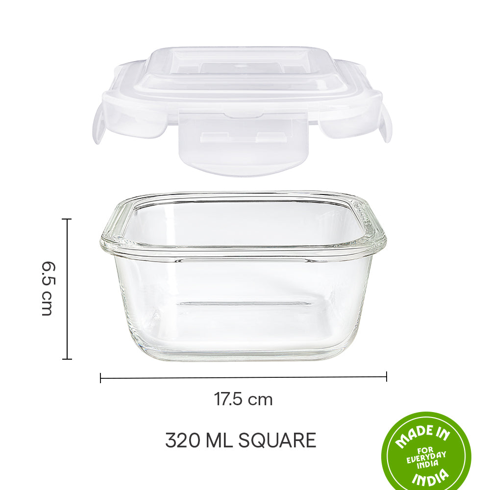 Borosil Klip n Store Square Glass Container, 320 ml