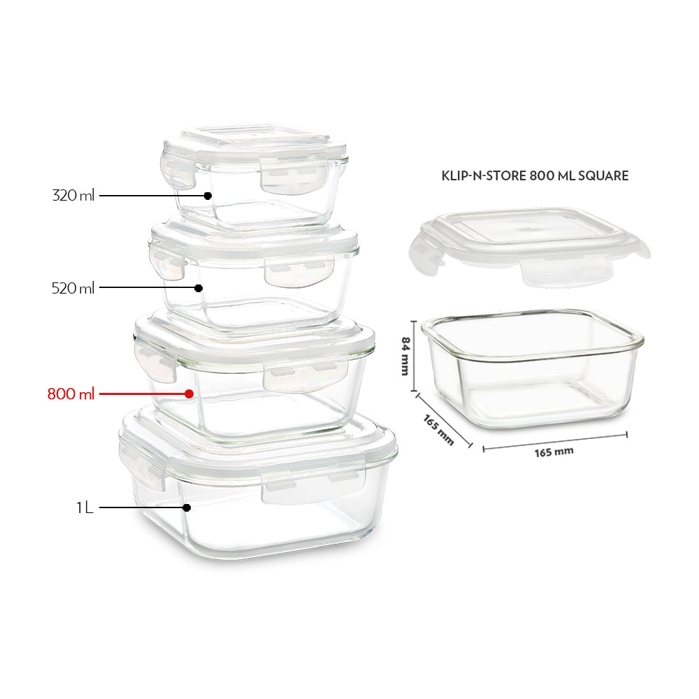 Borosil Klip n Store Square Glass Container, 800 ml 800 ml