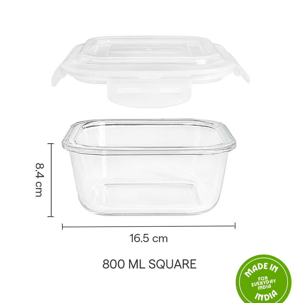 Borosil Klip n Store Square Glass Container, 800 ml