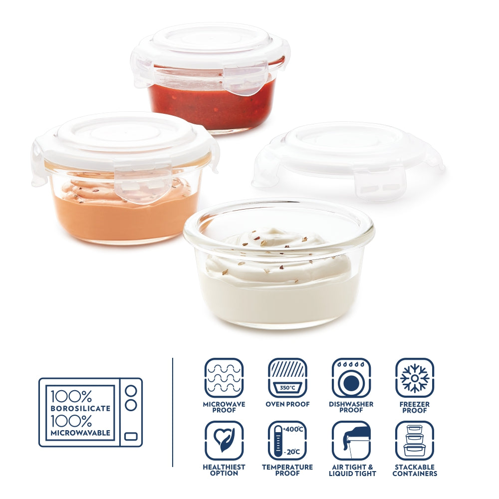 Borosil Klip n Store Round Set of 3 Glass Container, 240 ml x 3 240 ml x 3