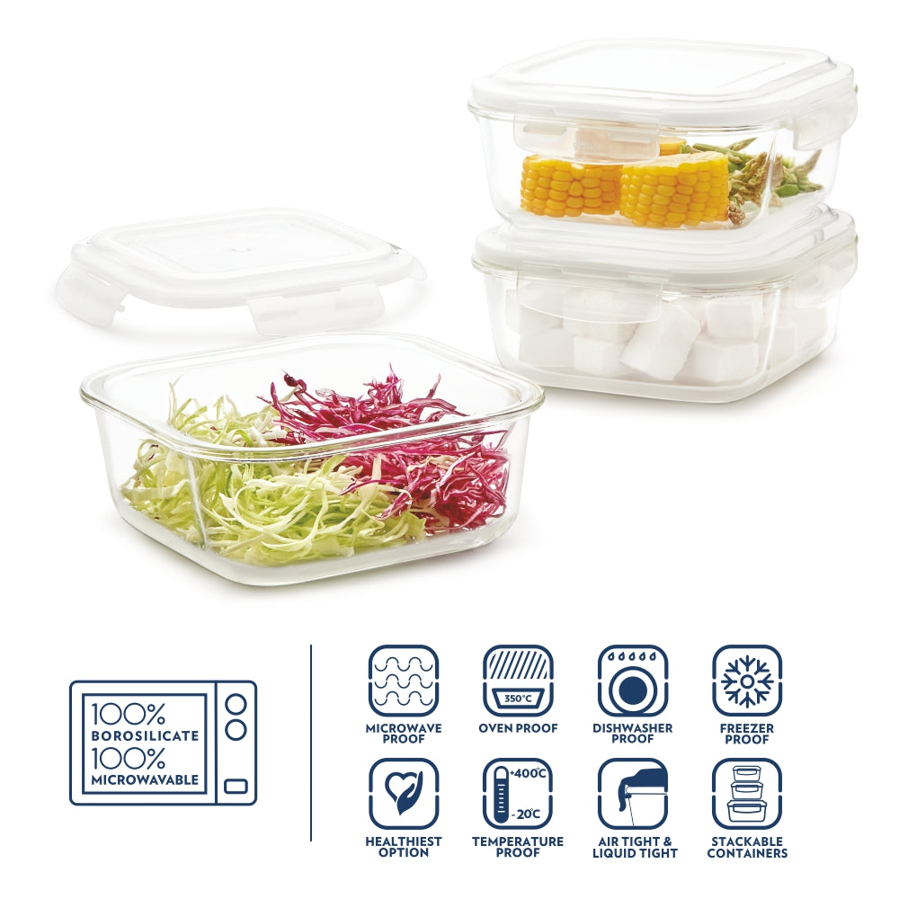 Borosil Klip n Store Square Set of 3 Glass Container, 1L x 3 1L x 3