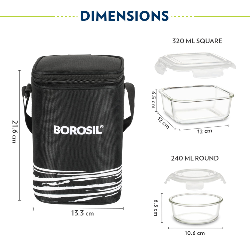 Borosil Steller Black Lunch Bag, Set of 3 (Tall)