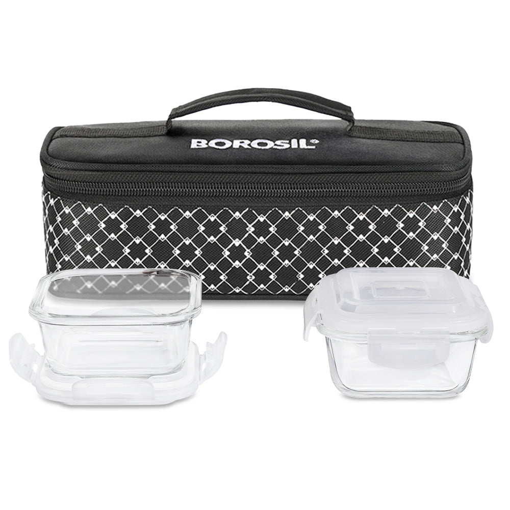 Borosil Zeal Black Lunch Bag, Square x 2 (Flat)