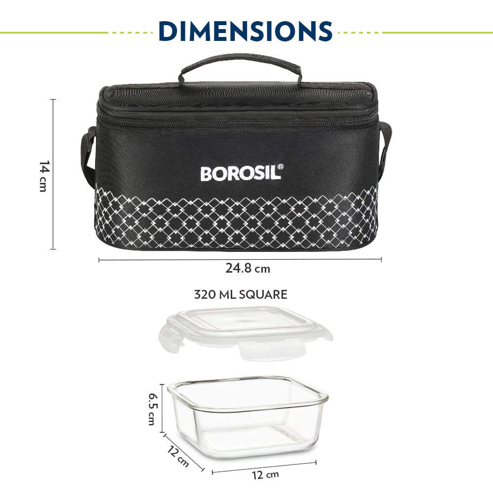 Borosil Zeal Black Lunch Bag, Square x 4