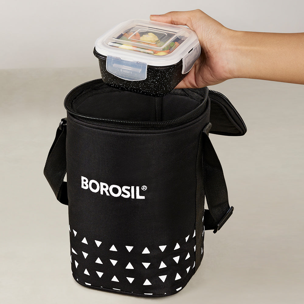 Borosil Kube Black Glass Lunch Box, Round x 3 (Tall), Set of 3, 400ml