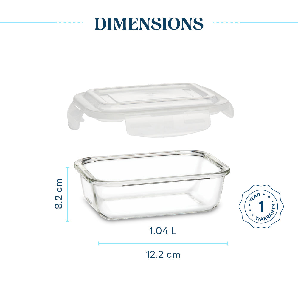 Larah Everyday Klip n Store Rectangular Glass Container, 1.04L