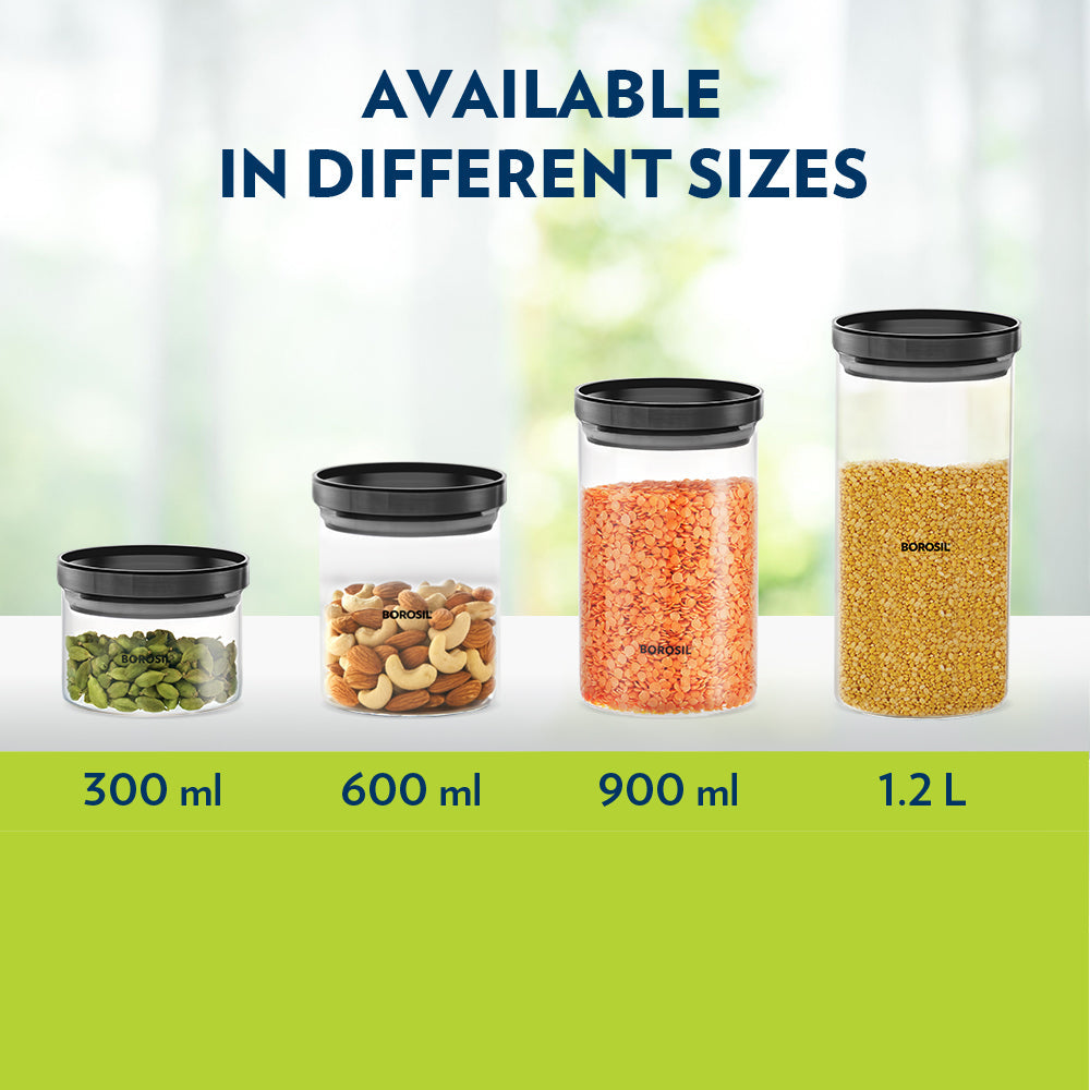 Borosil Stack n Store Jar (Black PP Lid), 600ml