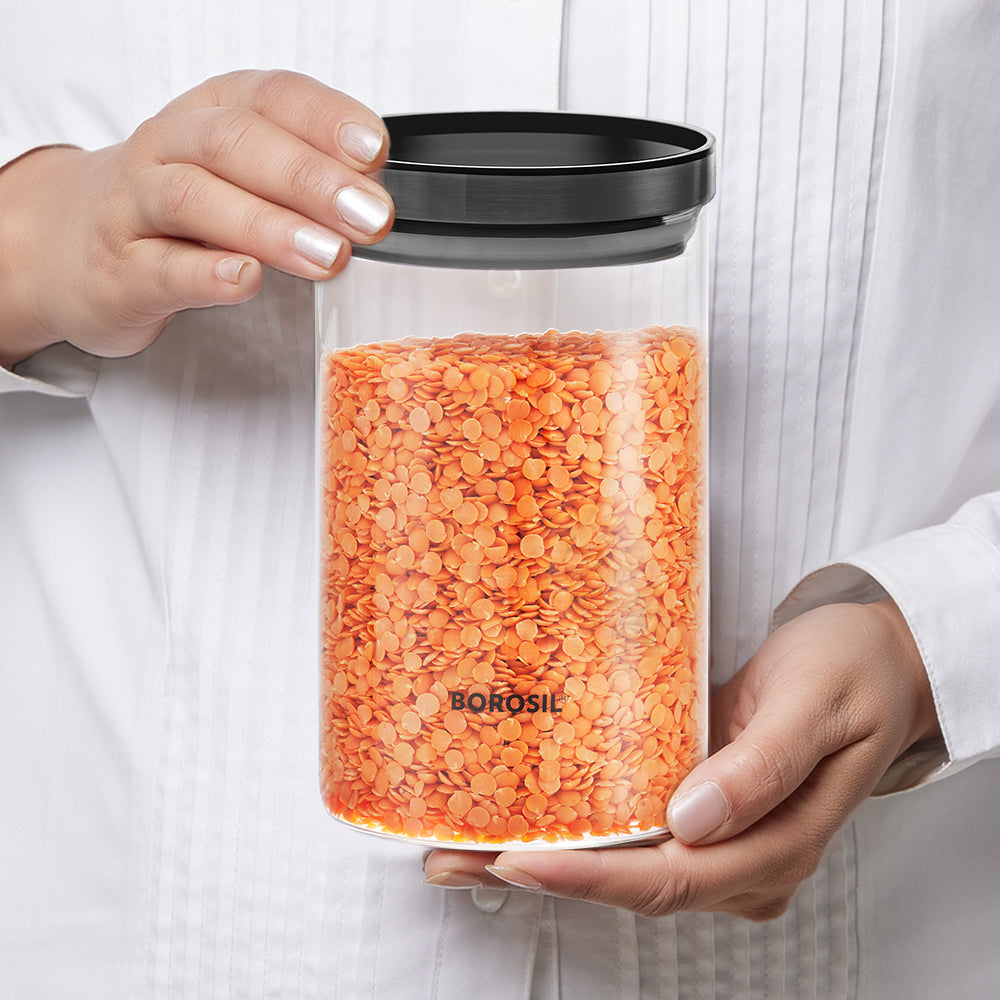 Borosil Stack n Store Jar (Black PP Lid), 600ml