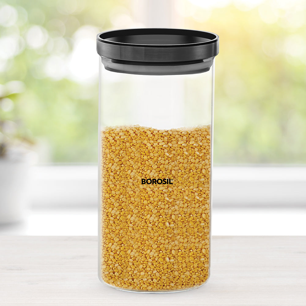 Borosil Stack n Store Jar (Black PP Lid), 1.2L