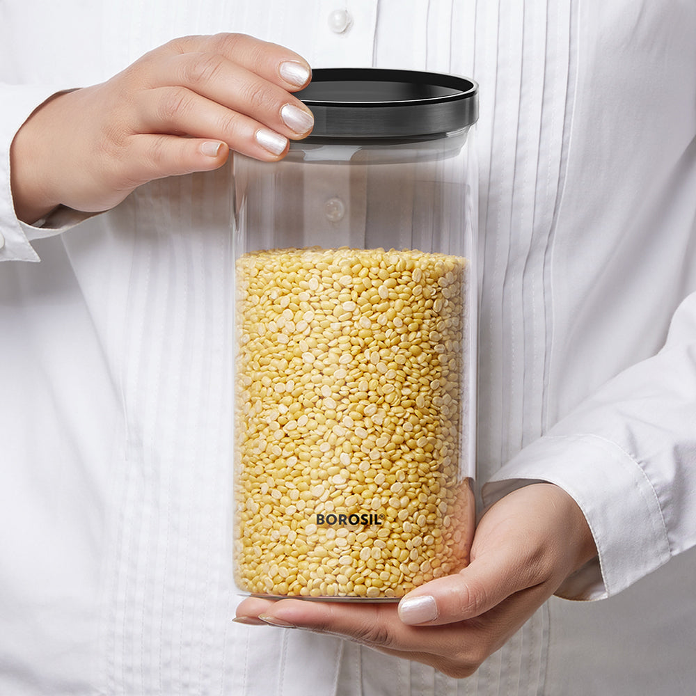 Borosil Stack n Store Jar (Black PP Lid), 600ml