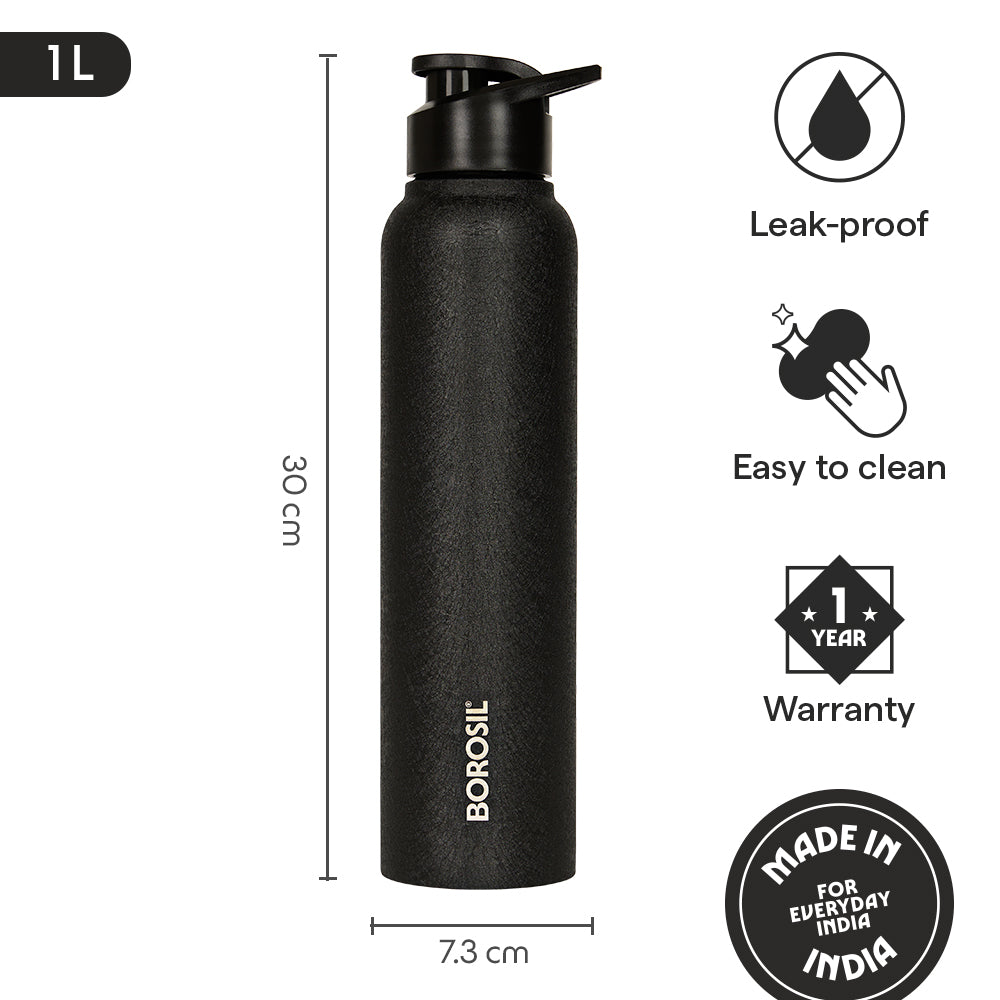 Borosil Cosmo SS Single Wall Bottle, Black, 1 L
