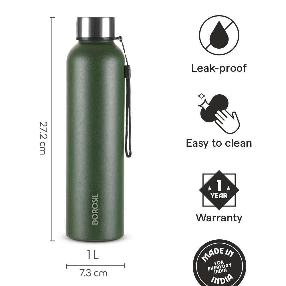 Borosil Laguna SS Bottle Green, 1L