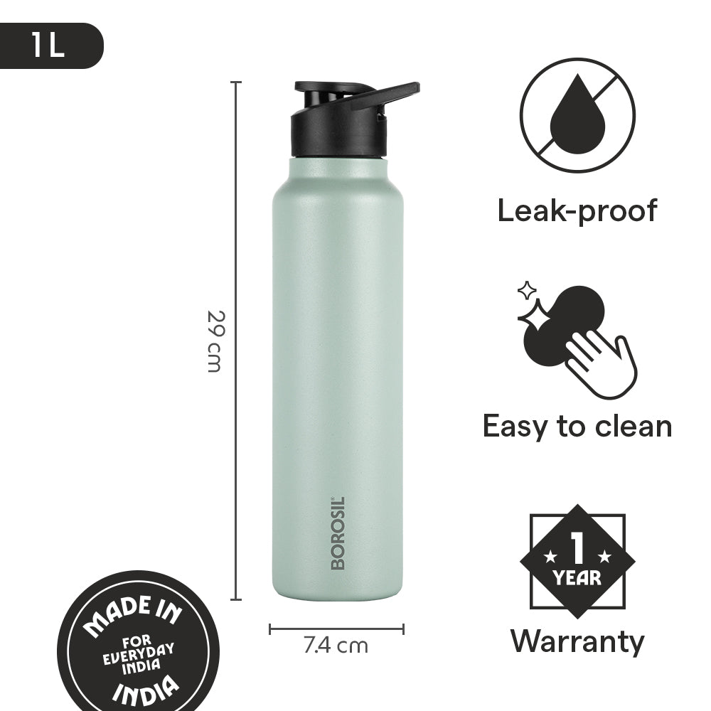 Borosil SipFresh SS Single Wall Bottle, Mint, 1 L