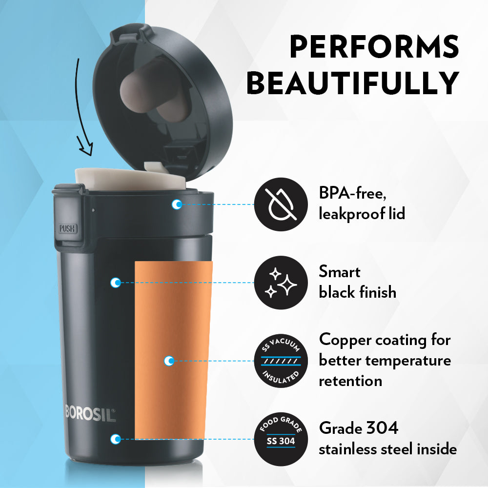 Borosil Coffeemate Insulated Mug-Personalise, Black, 380ml