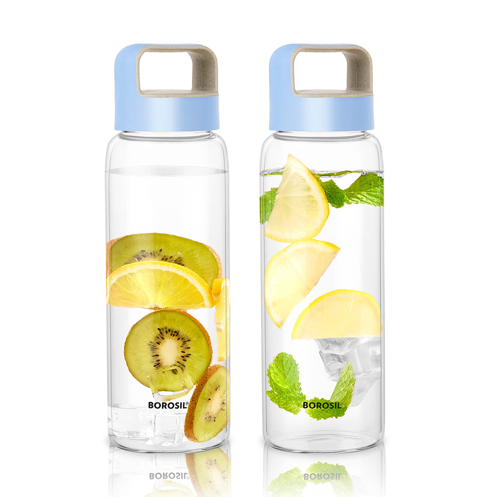 Borosil Crysto Wide Mouth Glass Water Bottle with Blue Lid, 750ml - Set of 2
