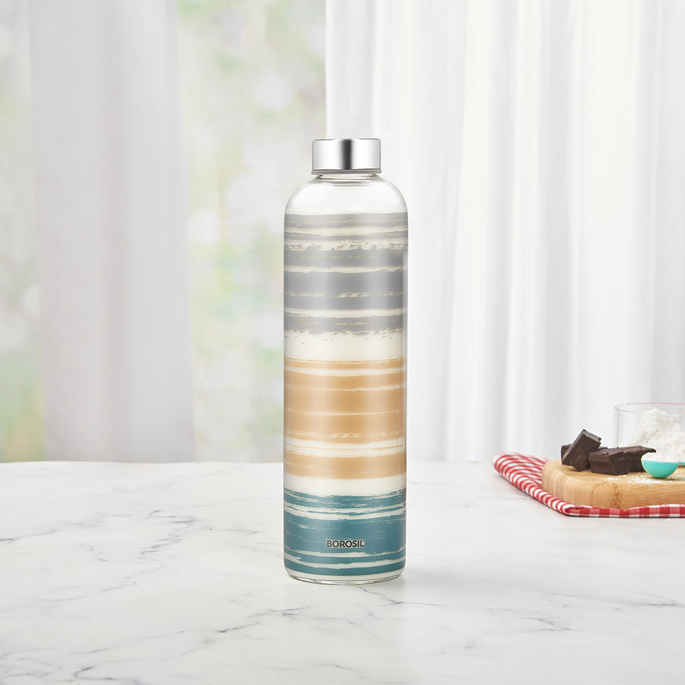 Glance Glass Bottle w Narrow Mouth, Silver Lid, 1L