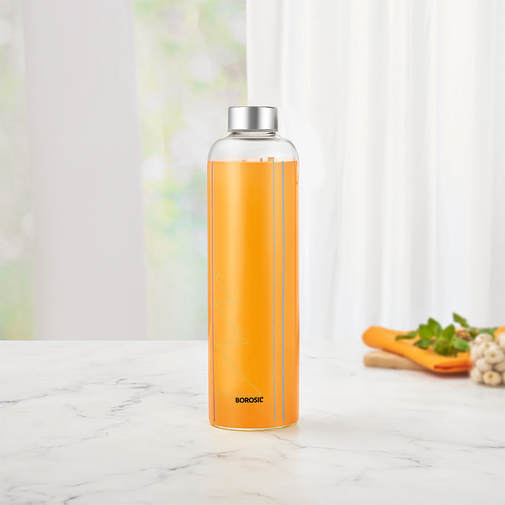 Sintra Glass Bottle w Narrow Mouth, Silver Lid, 1L