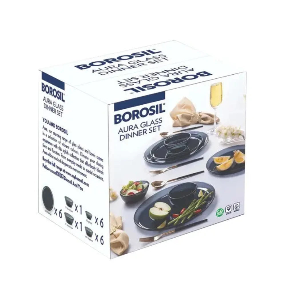 Borosil Aura Glass Dinner Set, Grey, 20 pc