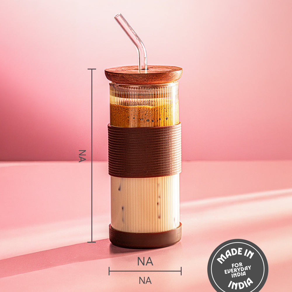 Borosil Fluted Glass Punch Glasses – Set of 2, Wooden Lid, Glass Straw, Brown Silicone-Grip