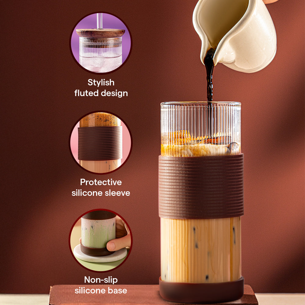 Borosil Fluted Glass Punch Glasses – Set of 2, Wooden Lid, Glass Straw, Brown Silicone-Grip