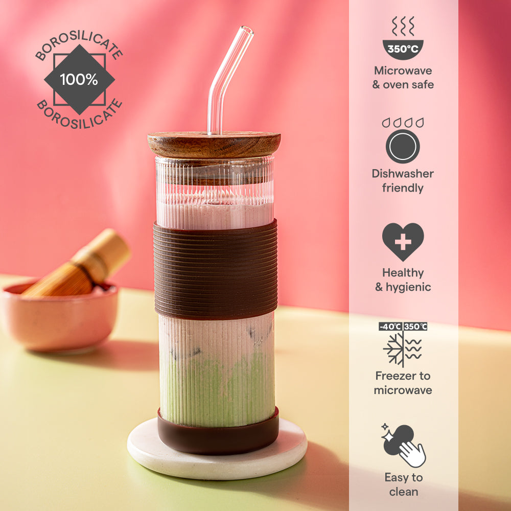 Borosil Fluted Glass Punch Glasses – Set of 2, Wooden Lid, Glass Straw, Brown Silicone-Grip
