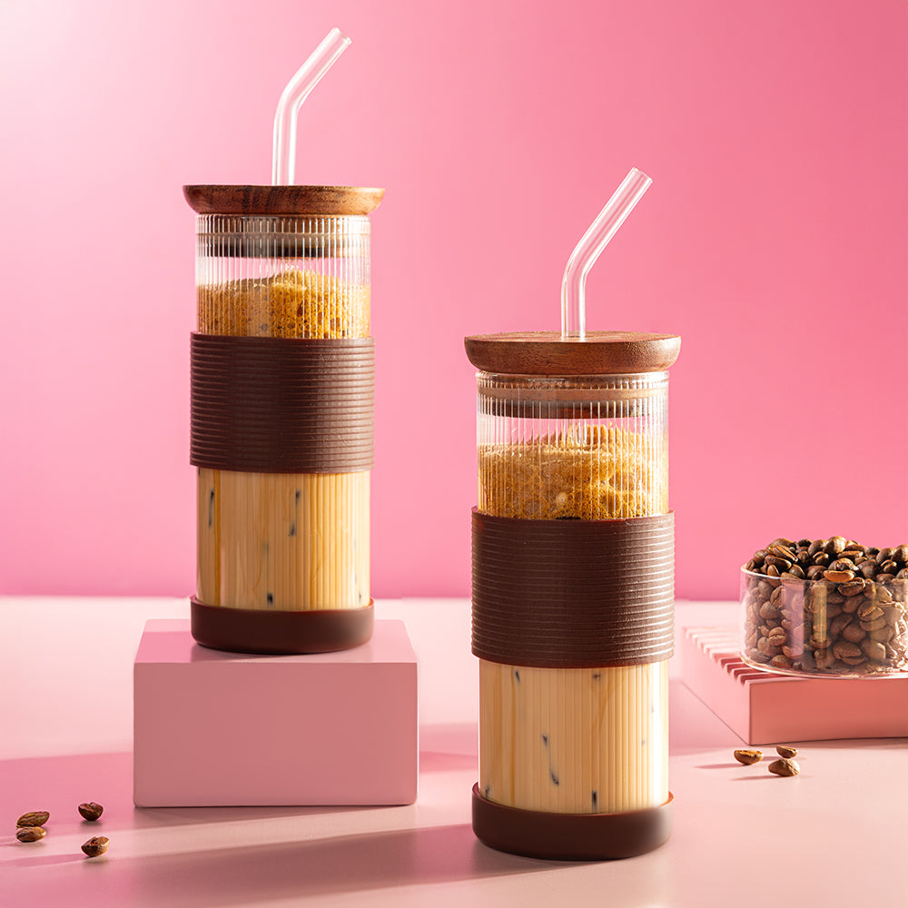 Borosil Fluted Glass Punch Glasses – Set of 2, Wooden Lid, Glass Straw, Brown Silicone-Grip