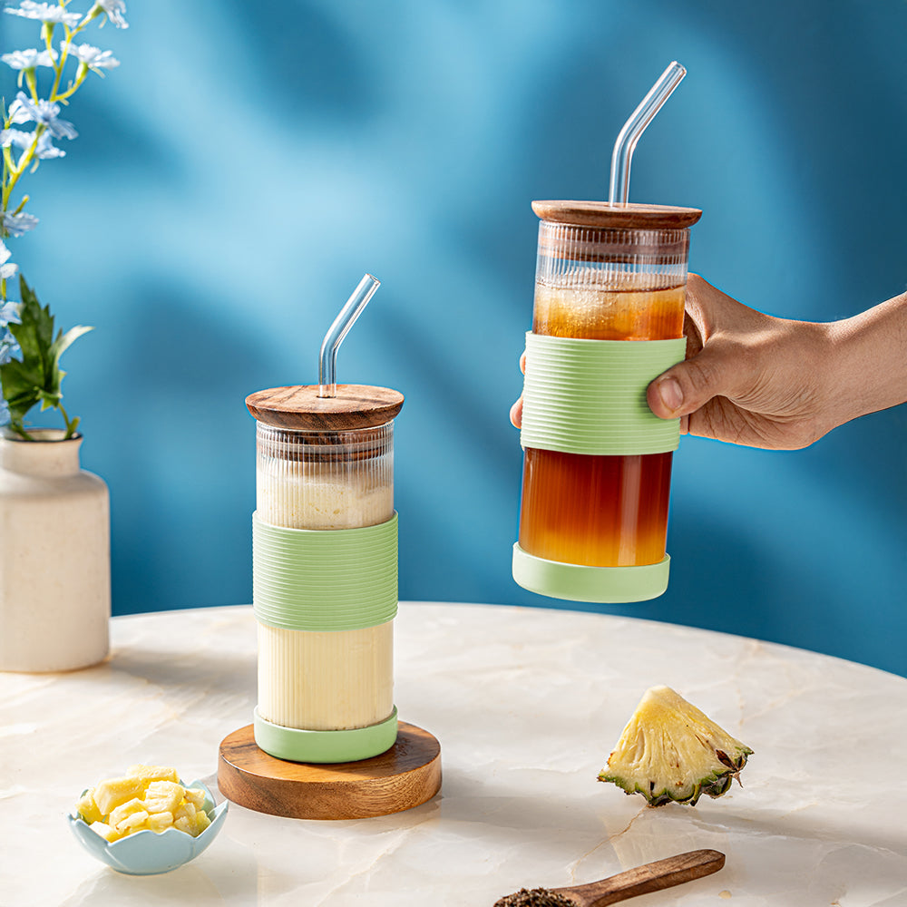 Borosil Fluted Glass Punch Glasses – Set of 2, Wooden Lid, Glass Straw, Green Silicone-Grip