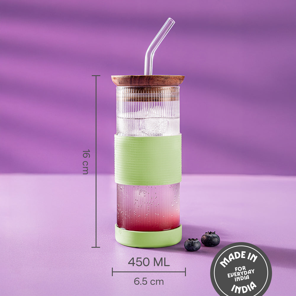 Borosil Fluted Glass Punch Glasses – Set of 2, Wooden Lid, Glass Straw, Green Silicone-Grip