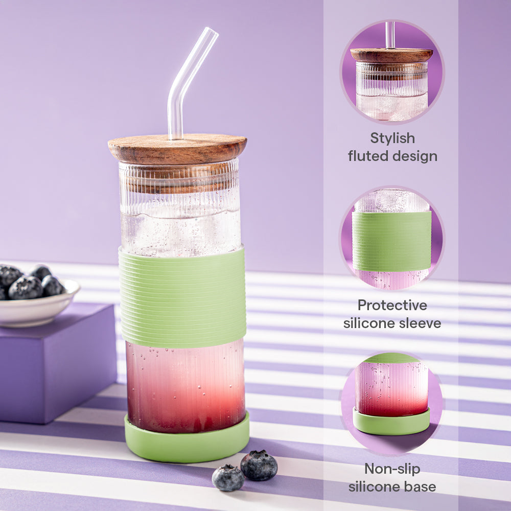 Borosil Fluted Glass Punch Glasses – Set of 2, Wooden Lid, Glass Straw, Green Silicone-Grip