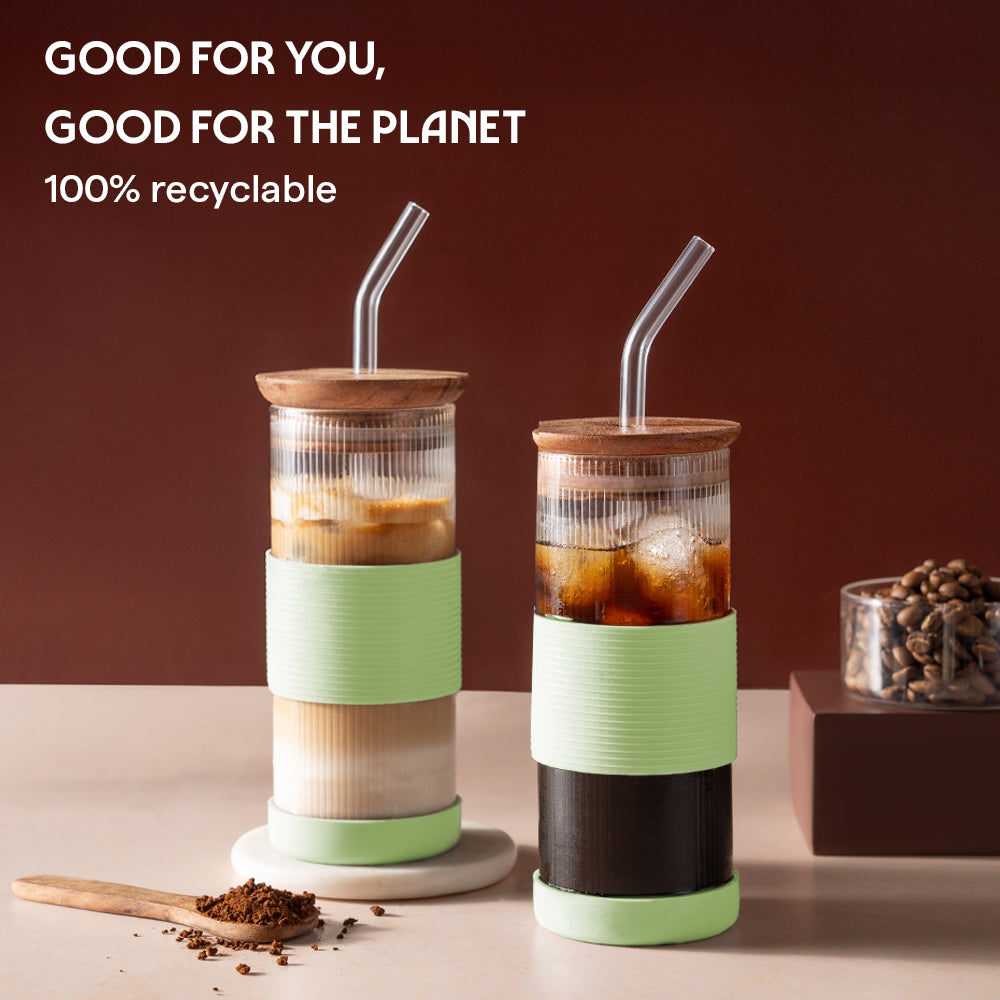Borosil Fluted Glass Punch Glasses – Set of 2, Wooden Lid, Glass Straw, Green Silicone-Grip