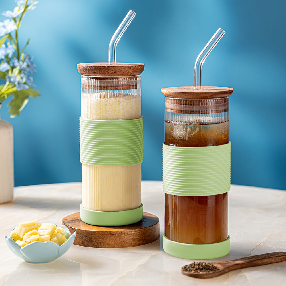 Borosil Fluted Glass Punch Glasses – Set of 2, Wooden Lid, Glass Straw, Green Silicone-Grip