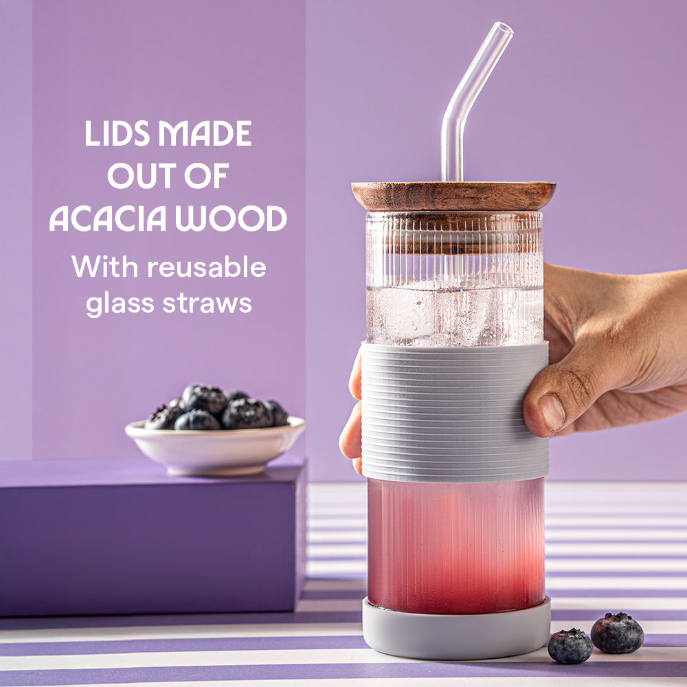 Borosil Fluted Glass Punch Glasses – Set of 2, Wooden Lid, Glass Straw, Grey Silicone-Grip