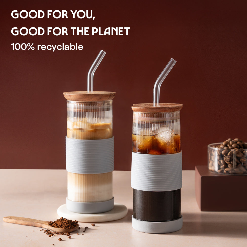 Borosil Fluted Glass Punch Glasses – Set of 2, Wooden Lid, Glass Straw, Grey Silicone-Grip