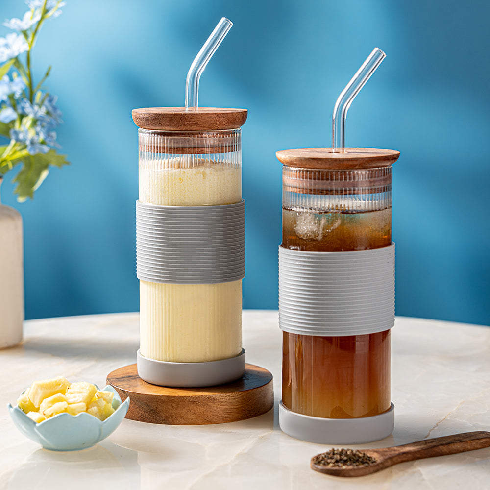Borosil Fluted Glass Punch Glasses – Set of 2, Wooden Lid, Glass Straw, Grey Silicone-Grip