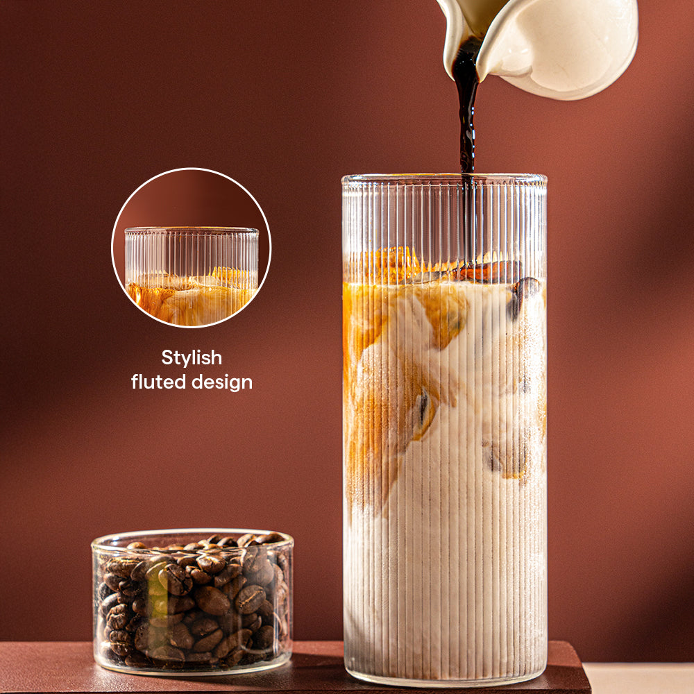 Borosil Fluted Punch Glasses w Wooden Lid and Glass Straw, Set of 2