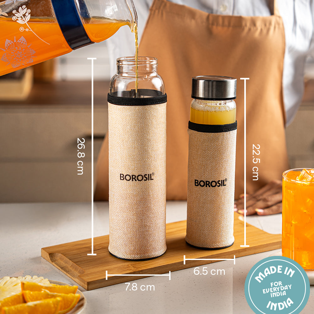 Borosil Neo Glass Bottle SS Lid Wide Mouth w Jute Cover, 550 ml