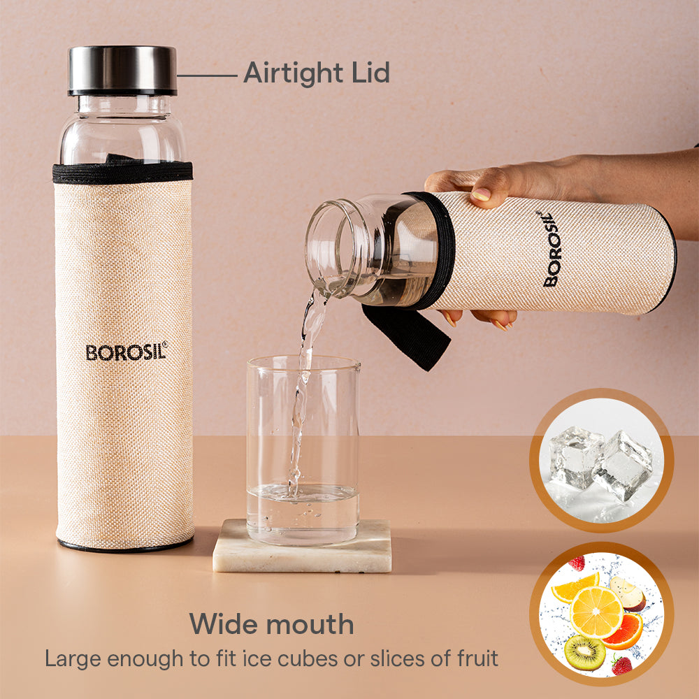 Borosil Neo Glass Bottle SS Lid Wide Mouth w Jute Cover, 550 ml