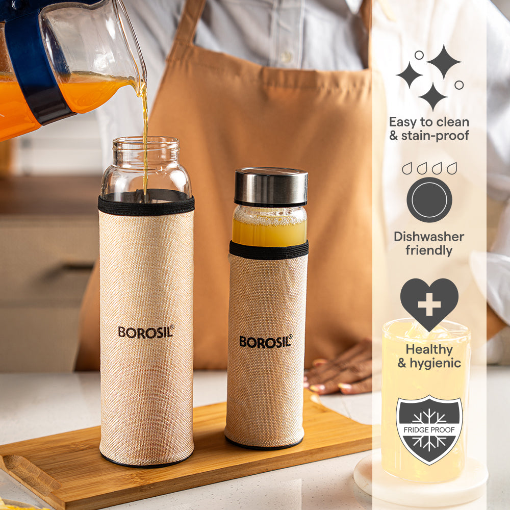 Borosil Neo Glass Bottle SS Lid Wide Mouth w Jute Cover, 550 ml