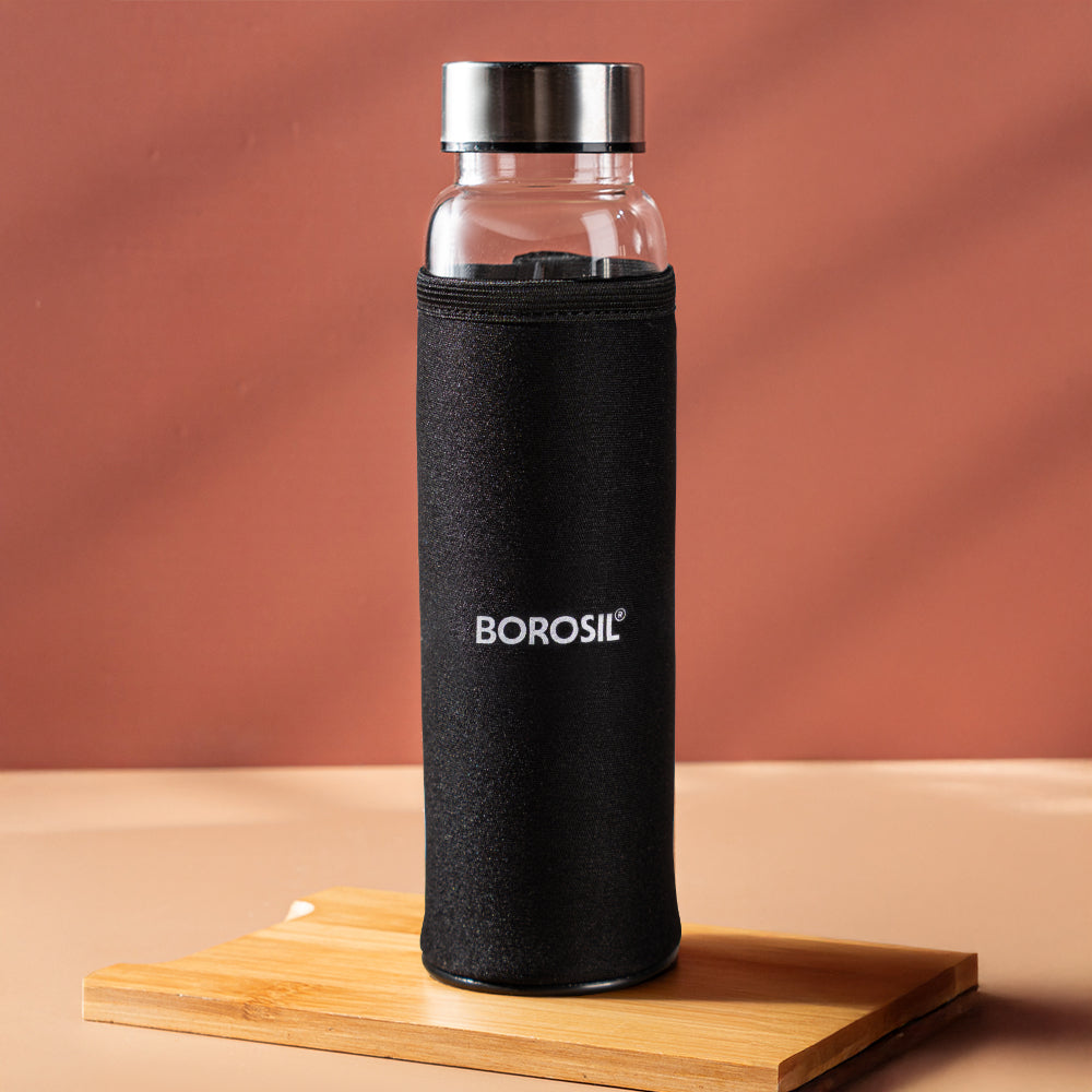 Borosil Neo Glass Bottle SS Lid Wide Mouth w Neoprene Cover, 1L